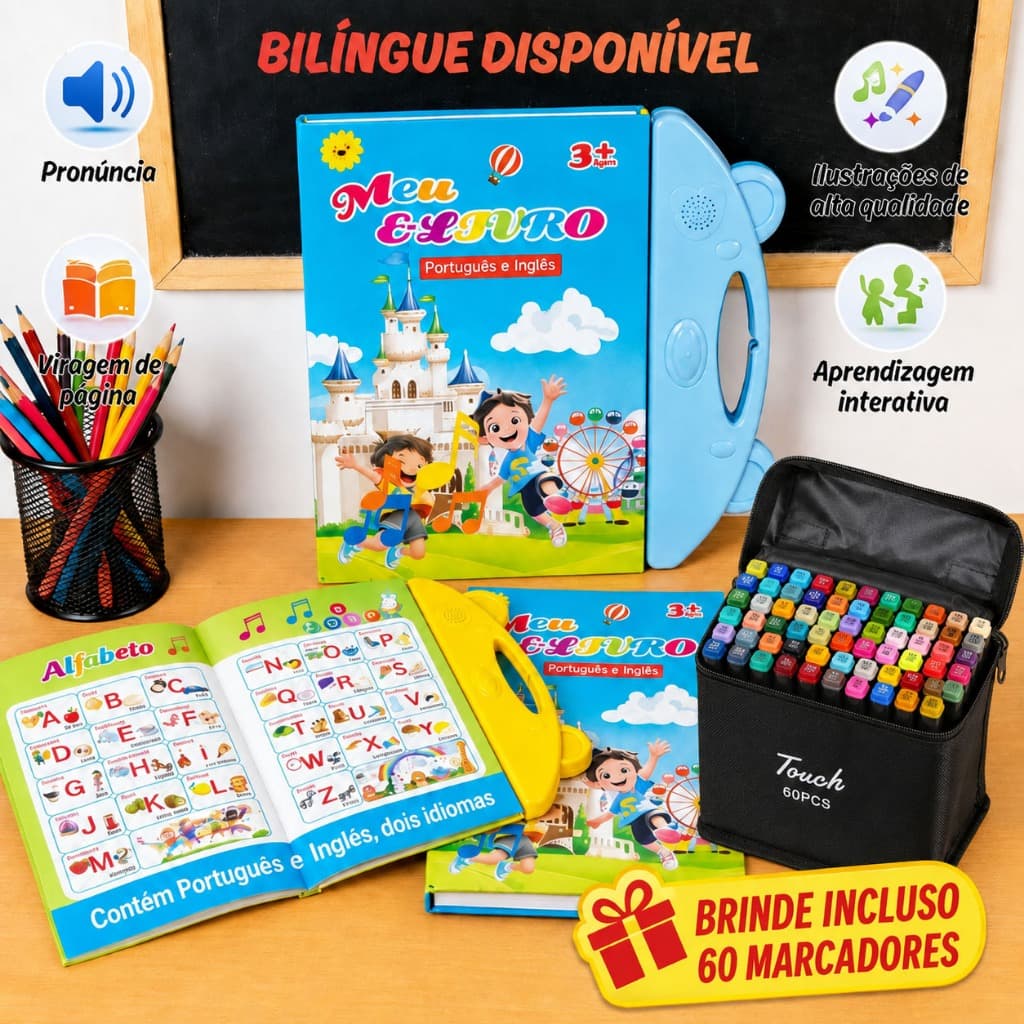 Livro Interativo com Som Bilingue Português/Inglês Multitemas - Toque com Som, Brinquedo Educativo e Presente Infantil