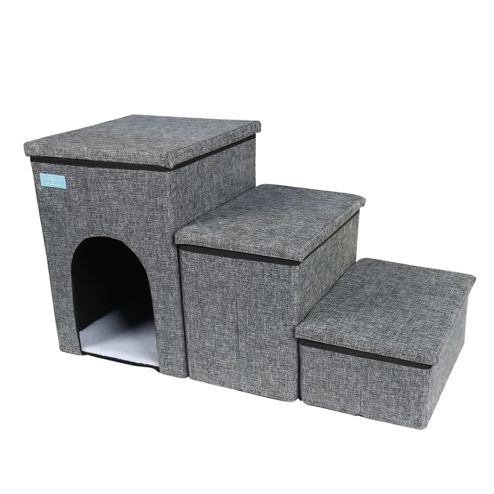 Escada Multifuncional Para Pets Cachorro E Gato 3 Em 1 Dobrável Com Bau Organizador E Casinha Suporta Ate 75kg