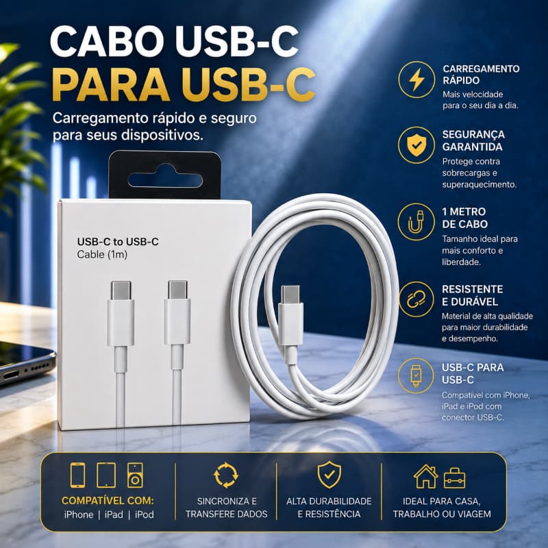 {Premium} Cabo Carregador UBS-C Turbo 25W Celular IPhone 15 16 17 Carregamento Rápido