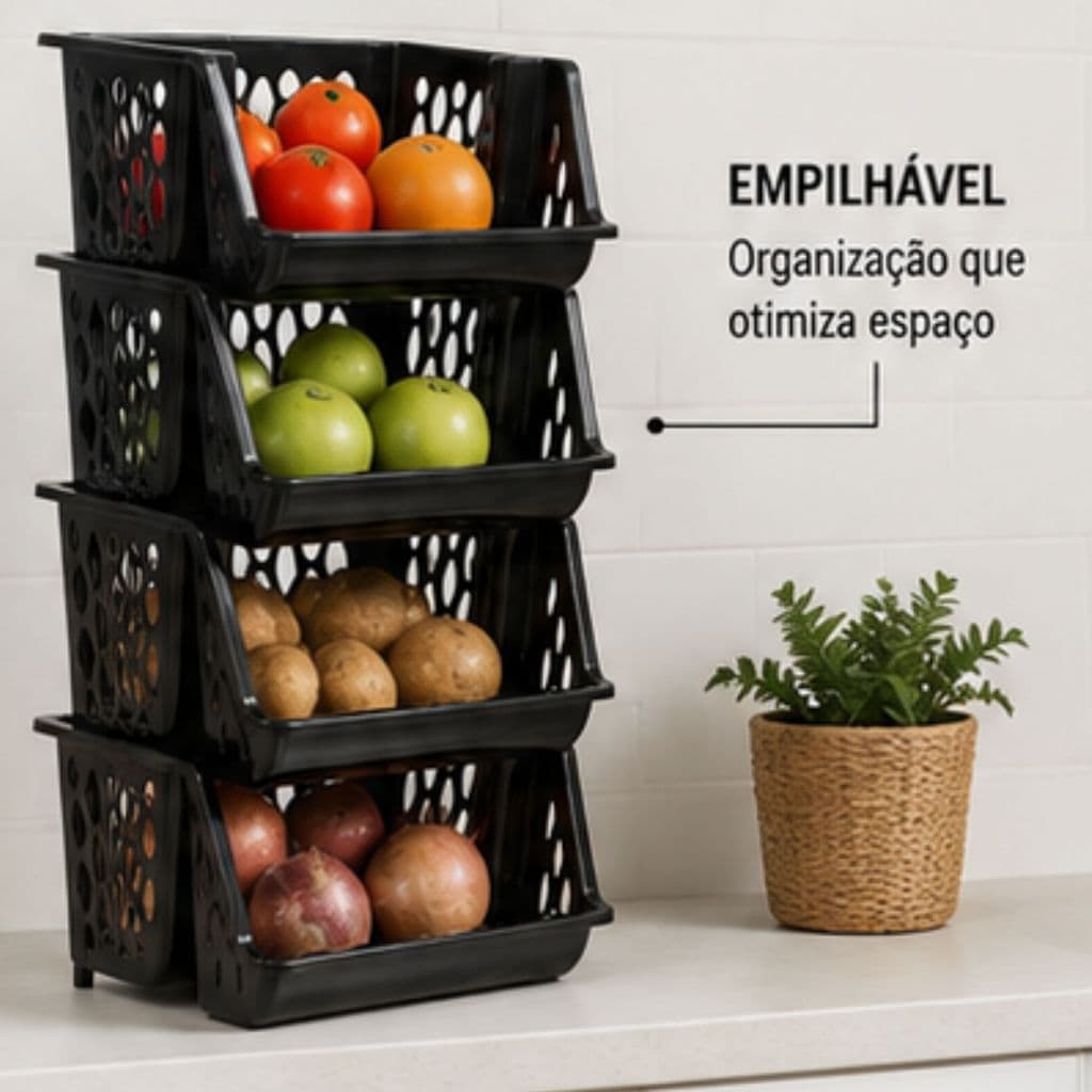 Organizadora Cesto Fruteira Empílhavel Preto Vazado Cozinha Banheiro Lavanderia Armazenamento Giotto