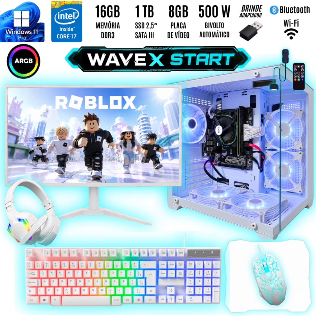 PC Gamer WaveX Start Branco I7 16GB Ram LED Controlável ARGB Adaptador Wifi Bluetooth Computador Montado Monitor + Kit