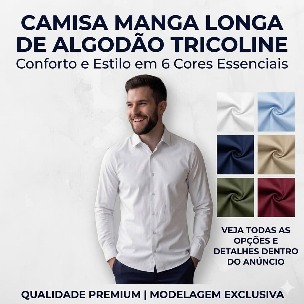 Camisa Masculina Manga Longa Tricoline Premium Slim Fit Social — CML's Achei Comprei