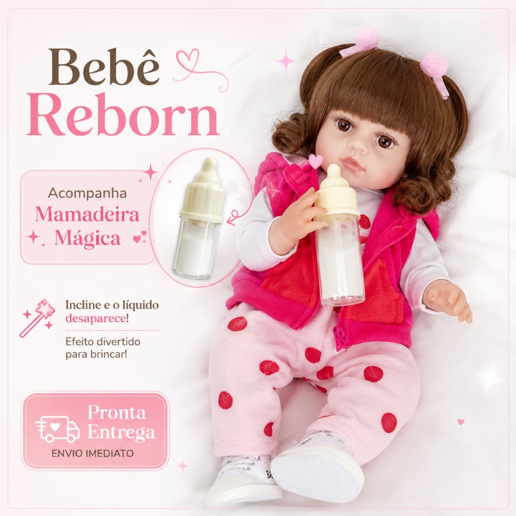 Boneca Bebê Reborn Brastoy Realista Girafinha Menina de Silicone  Conjunto de Roupa Chupeta Mamadeira mamadeira magica