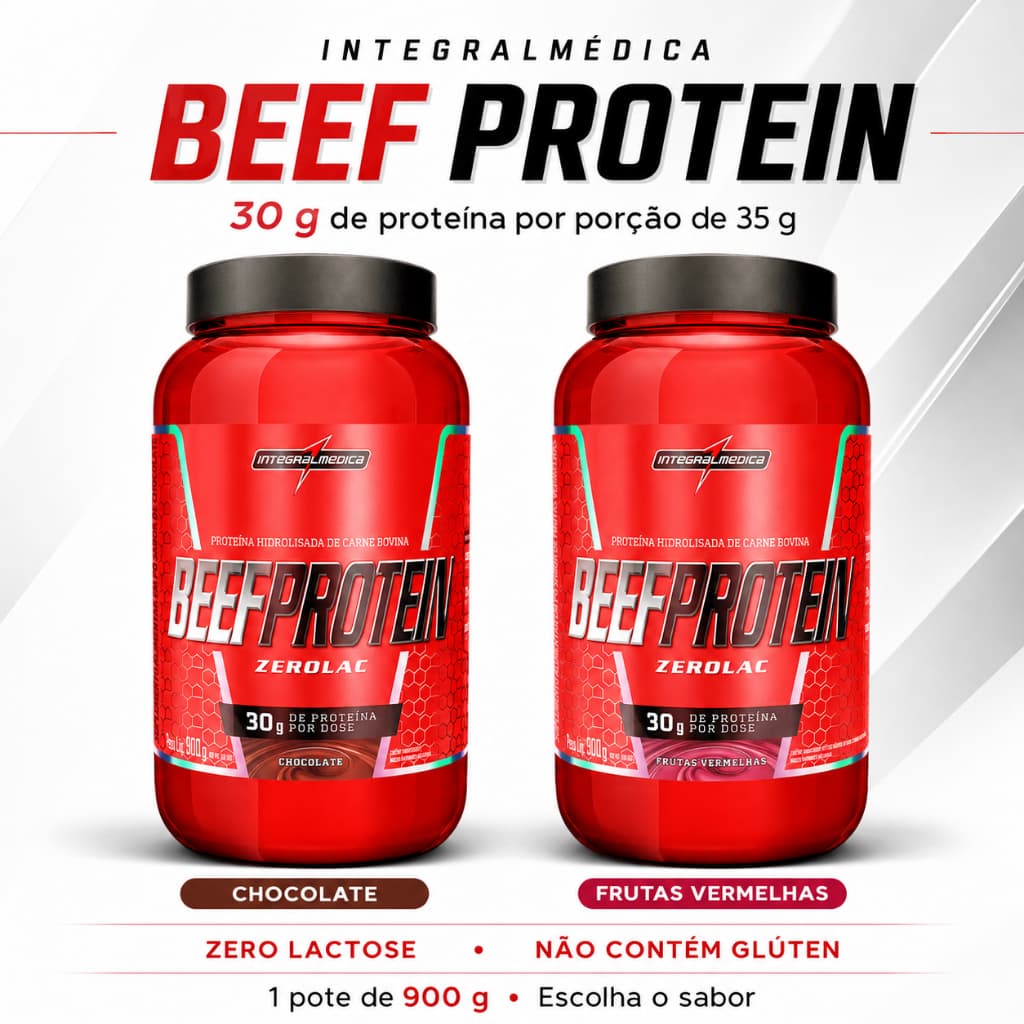 Beef Protein Whey ProteinIntegralmédica 900g 30g Proteína Bovina c/ Colágeno Zero Lactose Chocolate  Frutas Vermelhas
