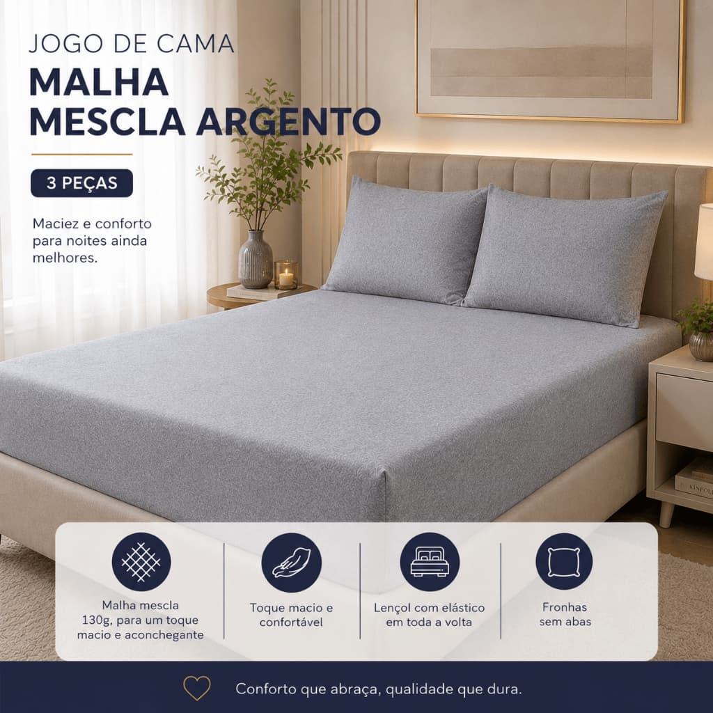 Jogo De Cama Casal 3 Peças Cinza Mescla Malha Mescla Argento Liso com Elástico Moderno Minimalista Lençol e Fronhas