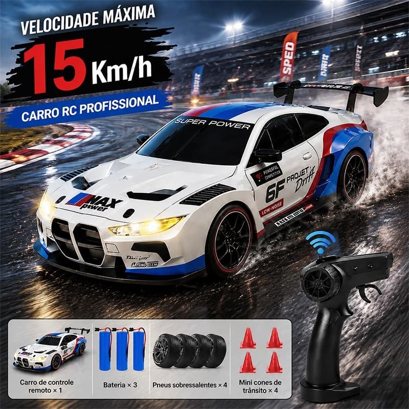 Carrinho Porsche 911 Controle Remoto Drift 1:24 4x4 com Bateria Recarregável LED