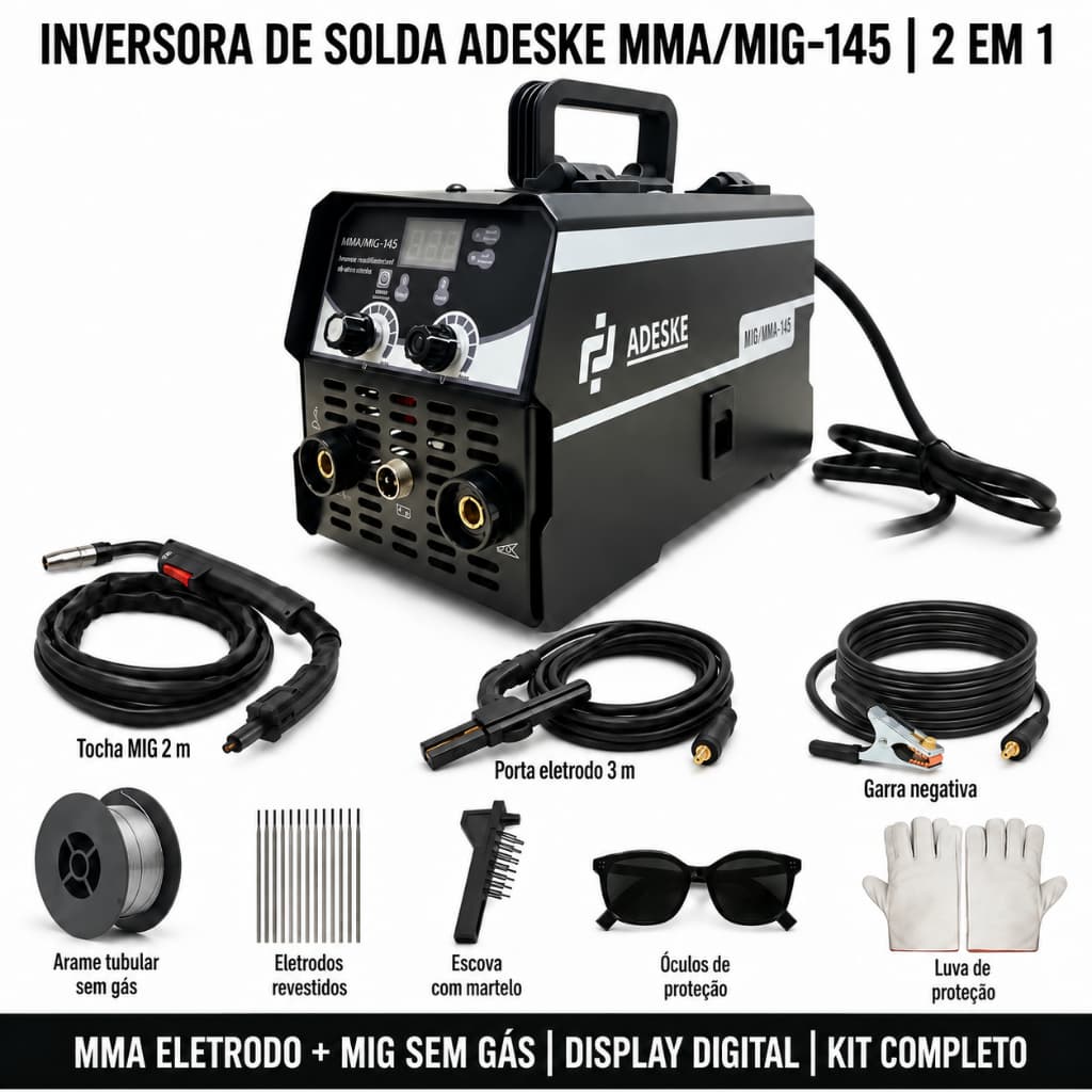 Máquina de Solda MIG MMA 145 ADESKE Inversora 2 em 1 Sem Gás Display Digital Kit Completo Portátil