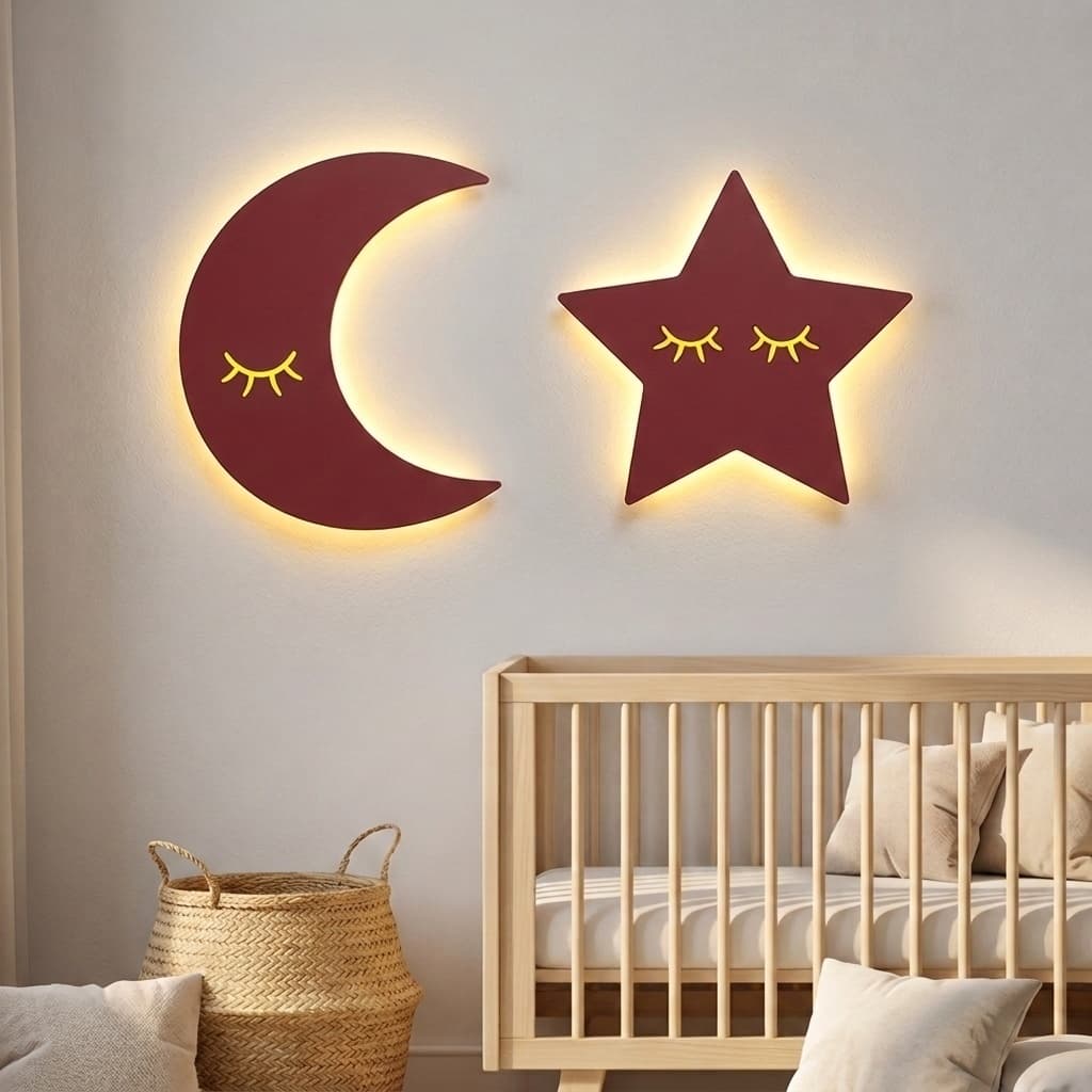 Kit Com 2 Luminária Decorativa Lua e Estrela 50x26cm – Luz LED Quente Infantil Quadro de Parede Com Led Decoração
