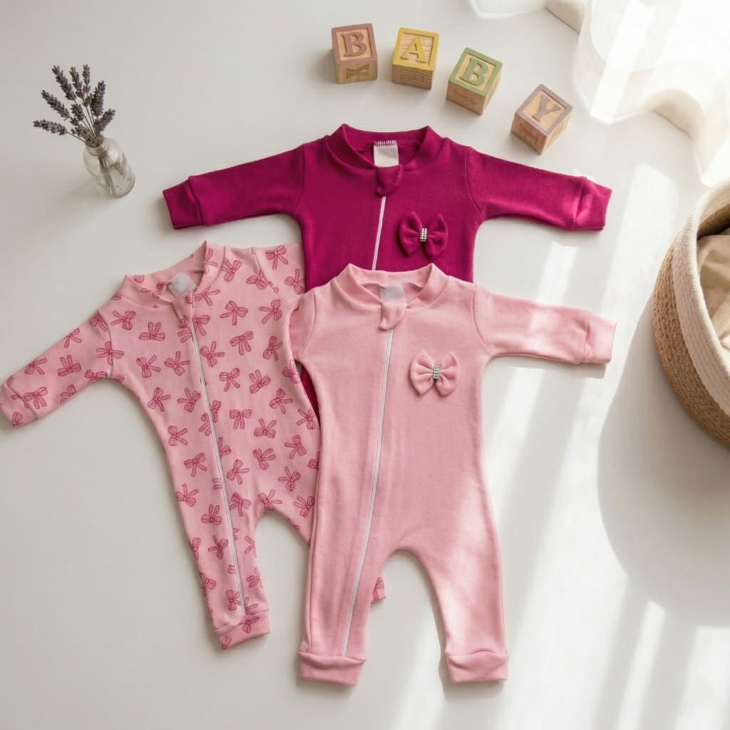 Trio Macacão Lacinhos 3 Peças Macacão com Zíper Bebê Menina Roupa Infantil Kit Enxoval RN ao G Confortável e Delicado