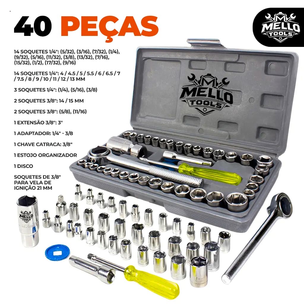 Kit Jogo De Soquete 40 Peças Chave Catraca Reversível Resistente à Pressão Resistente
