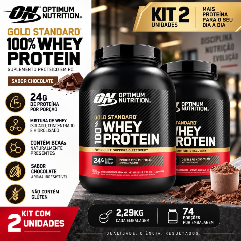 Kit 2 Whey Protein Gold Standard 100% Optimum Nutrition Chocolate 2,29kg 24g Proteína