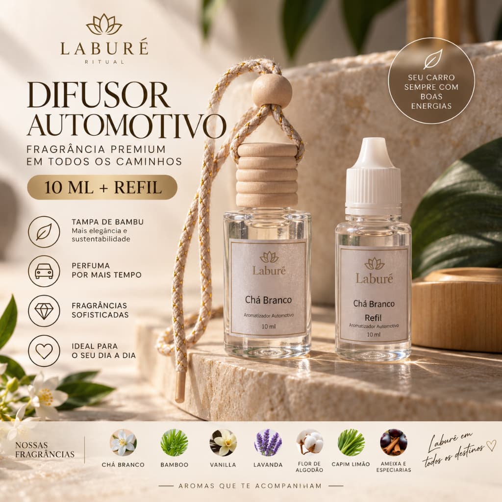 Kit Cheirinho para Carro + Refil Premium de Luxo Aromatizante Automotivo Difusor para Carro Laburê