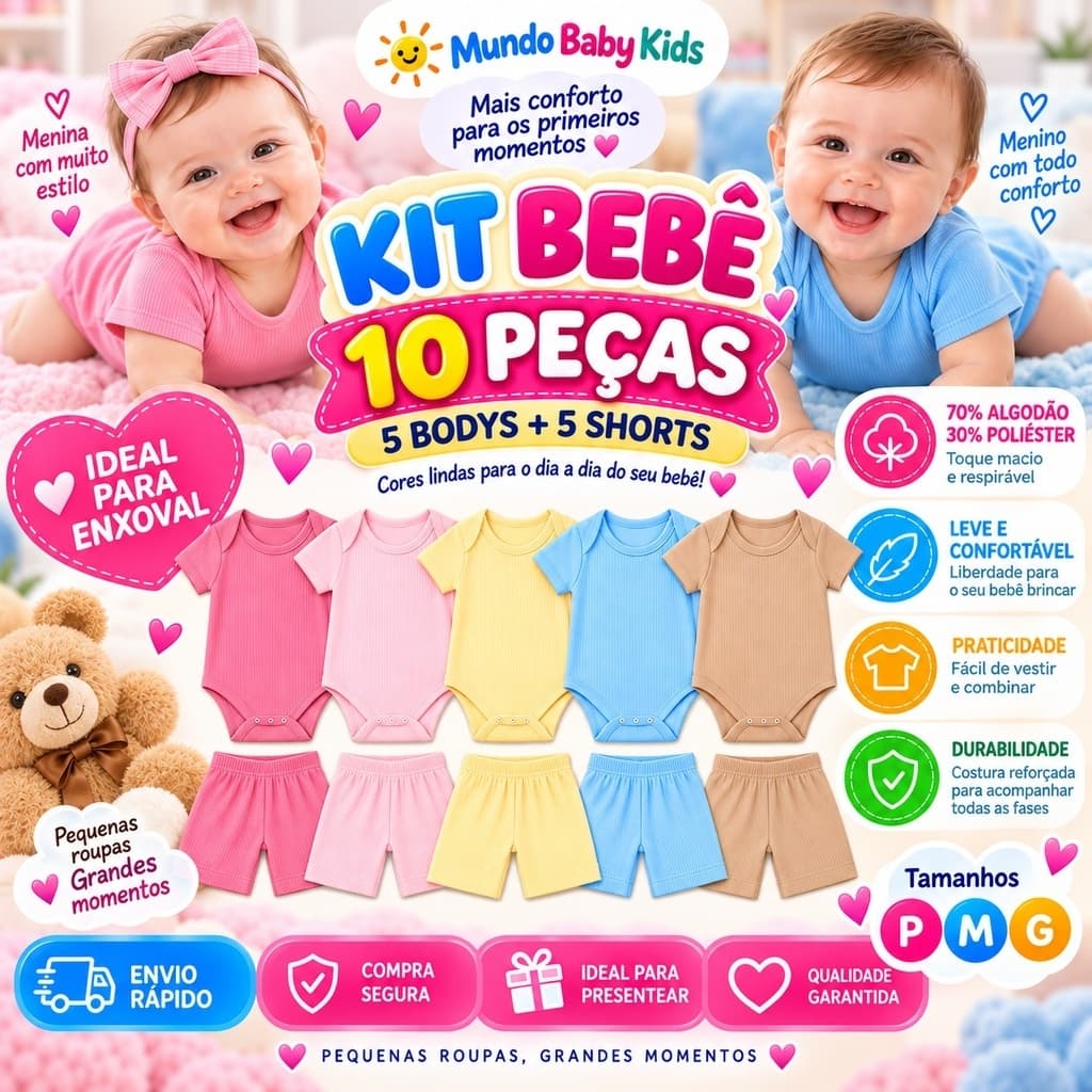 Kit Bebê Verão 10 Peças 5 Body Manga Curta + 5 Shorts Enxoval Menina Menino Calor P M G