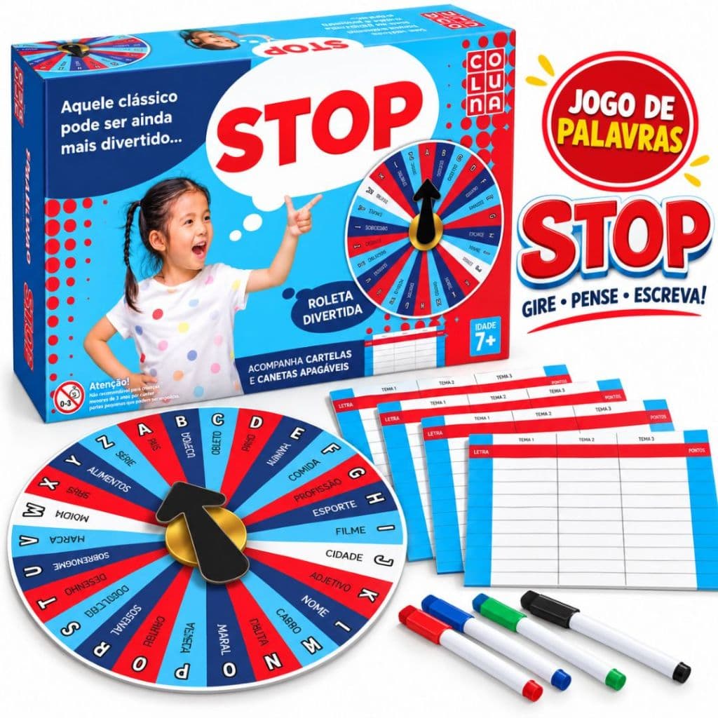 Jogo de Palavras Stop Com Roleta Cartelas Apagáveis Desafio Raciocínio Rápido Crianças Adultos Família
