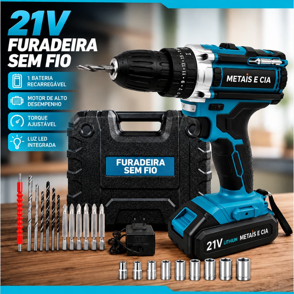 Parafusadeira Furadeira 21V Bateria De Lítio 2 Velocidades Uso Doméstico Com Baterias E Caixa De Ferramentas