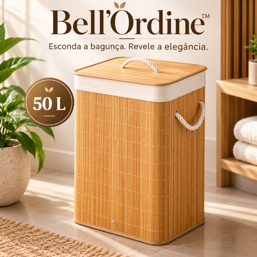Cesto de Roupa Suja Bambu 50 Litros com Tampa e Alça Organizador Bell'Ordine™ Banheiro Lavanderia