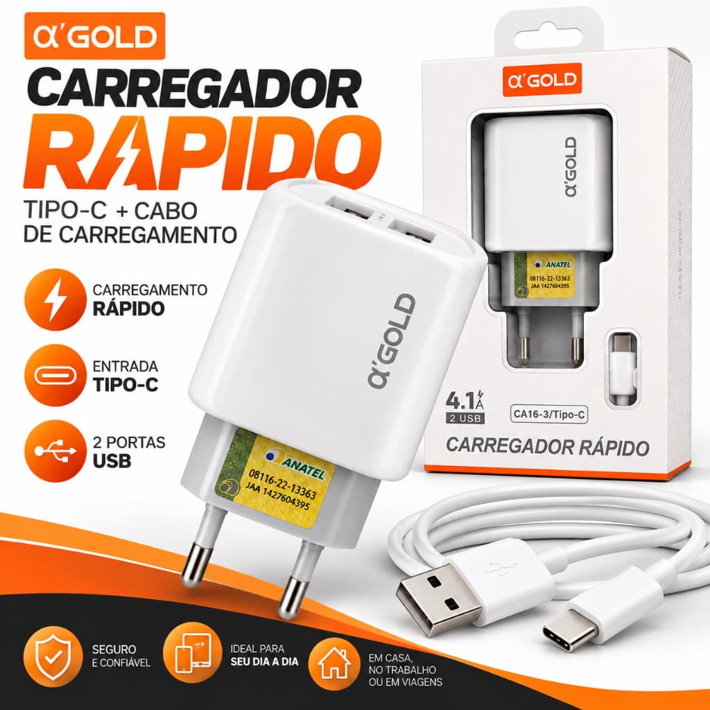 Carregador Fonte Tipo-C 2USB Rápido + Cabo de Carregamento Para  Celulares  Tablets