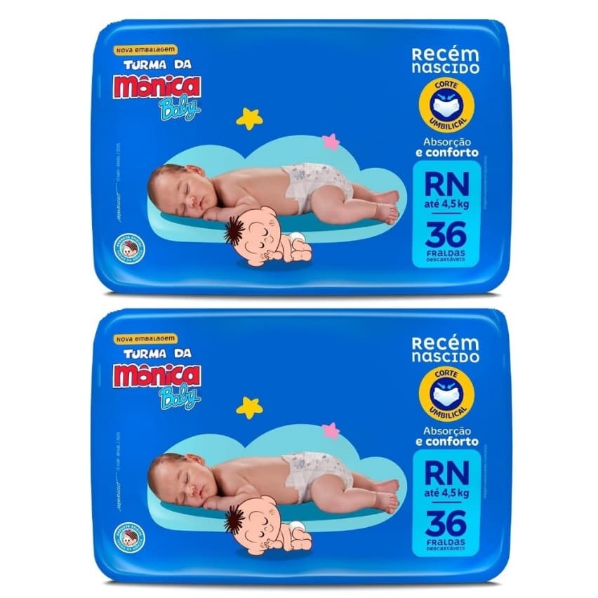 Kit 2 pacotes Fralda RN Turma da Mônica 36 unidades Recém-Nascido até 4,5kg