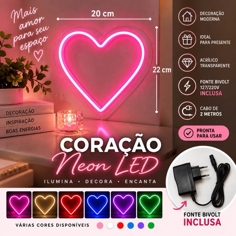 Coração Neon LED m20x22 cm – Luminária Decorativa Rosa para Quarto e Penteadeira
