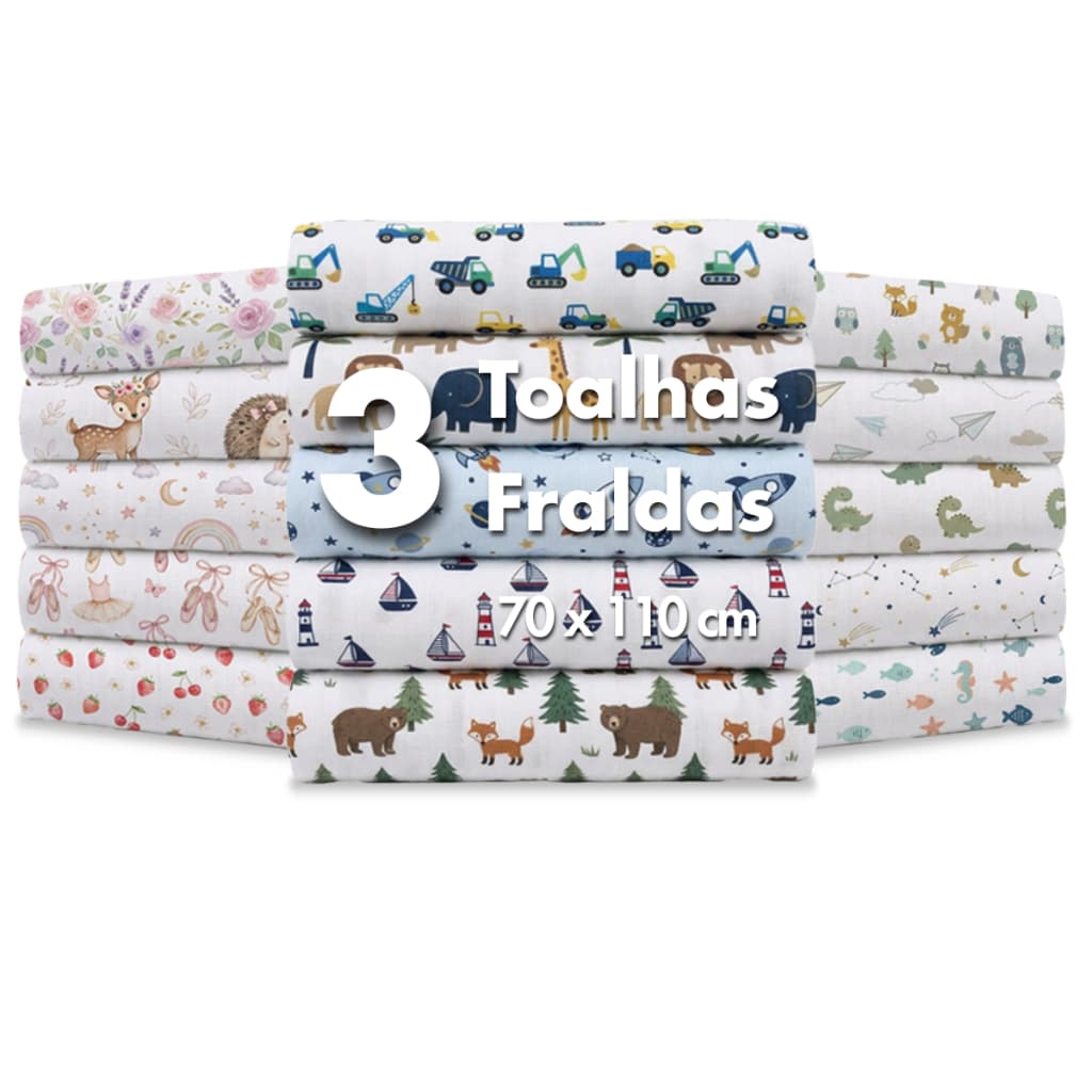 Pacote C/ 3 Toalhas Fraldas de Pano para Bebês Multiuso Luxo Grande 70cm x 110cm Estampadas Comum Recém-Nascido Grosso