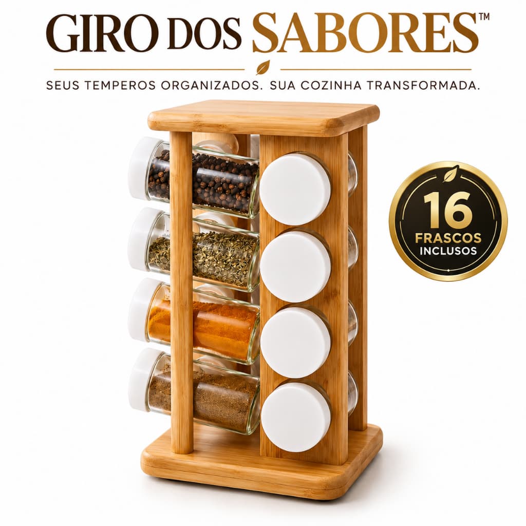 Porta Temperos Giratório 360°  16 Frascos de Vidro Organizador de Temperos e Condimentos em Bambu pa