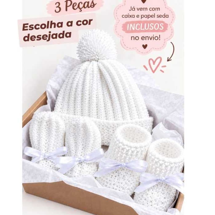 Kit Bebê Recém nascido |Saída Maternidade Touca +Sapatinho+Luvas em crochê na caixa kraft| kit presente enxoval gravidez