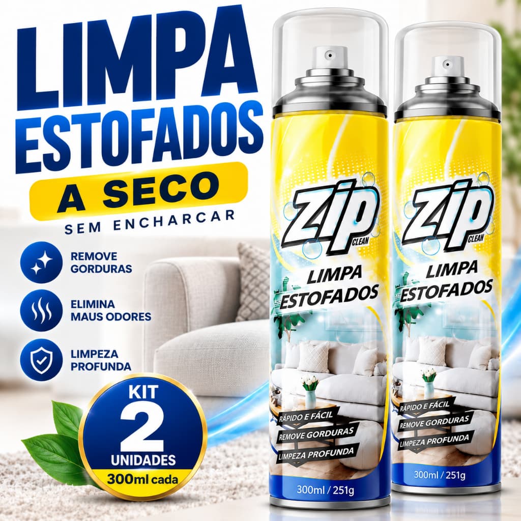 Kit 2 Spray Zip Clean Limpa Estofados 300ml Sofá Banco de Carro Tapete Limpeza a Seco Profunda