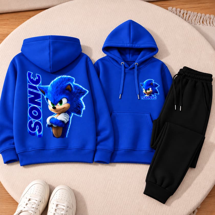 Conjunto Moletom Calça e Canguru Infantil Sonic Com Capuz Estampado Alta Qualidade criança casaco