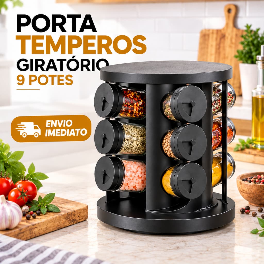 Porta Tempero Giratório 9 Potes Condimentos Preto Vidro Reforçado - Conjunto