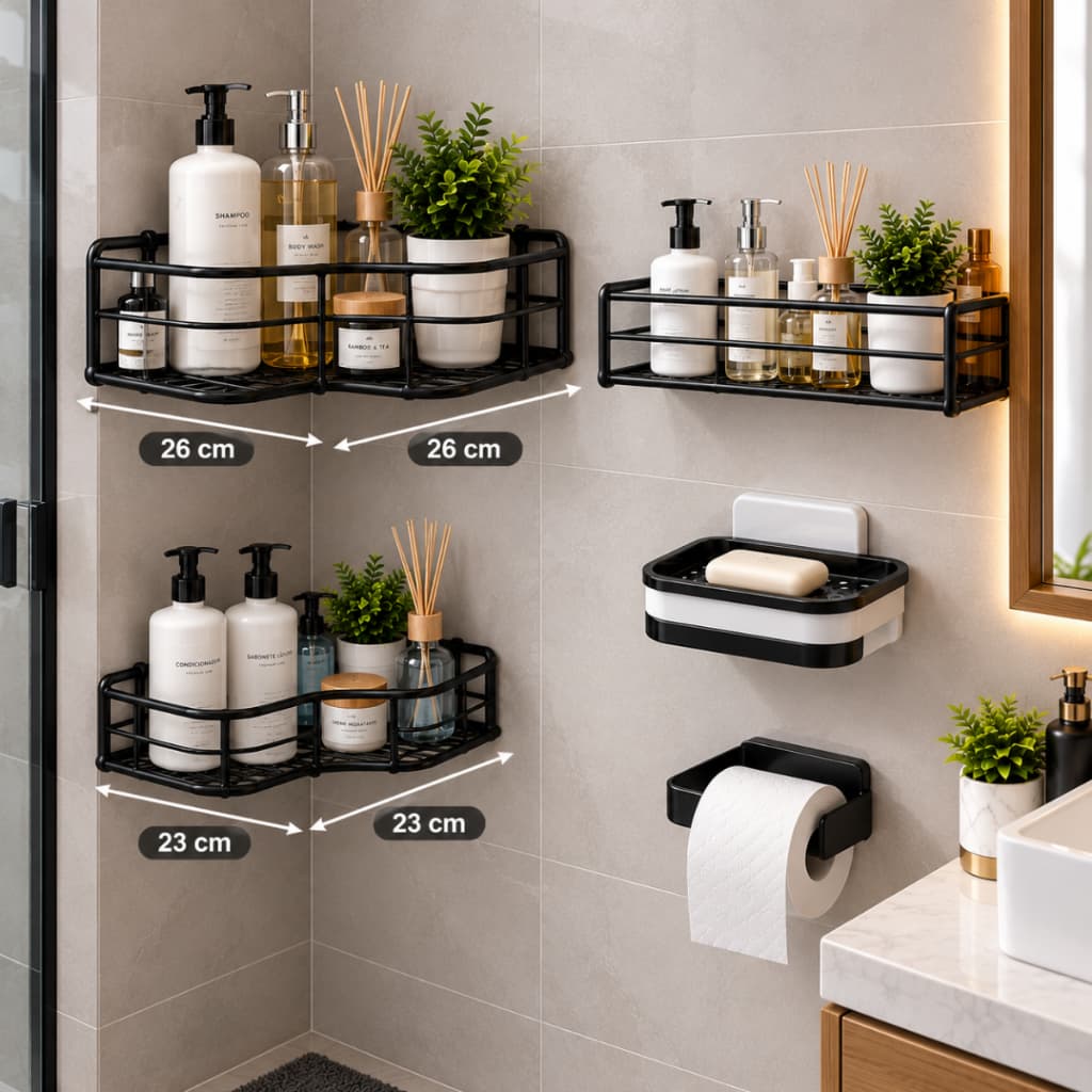 Kit 5 Prateleiras Suporte Com Alto Adesivos Para Parede Banheiro Cozinha Lavanderia Shampoo Sabonete