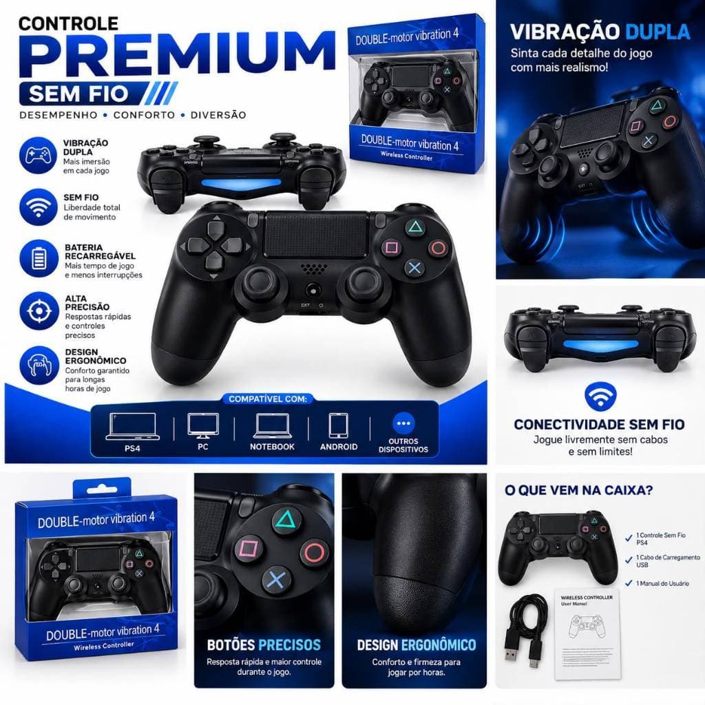 CONTROLE SEM FIO P,S,4 VIDEOGAME PC DUALSHOCK KNUP VIBRAÇÃO DUPLA LM-P4S