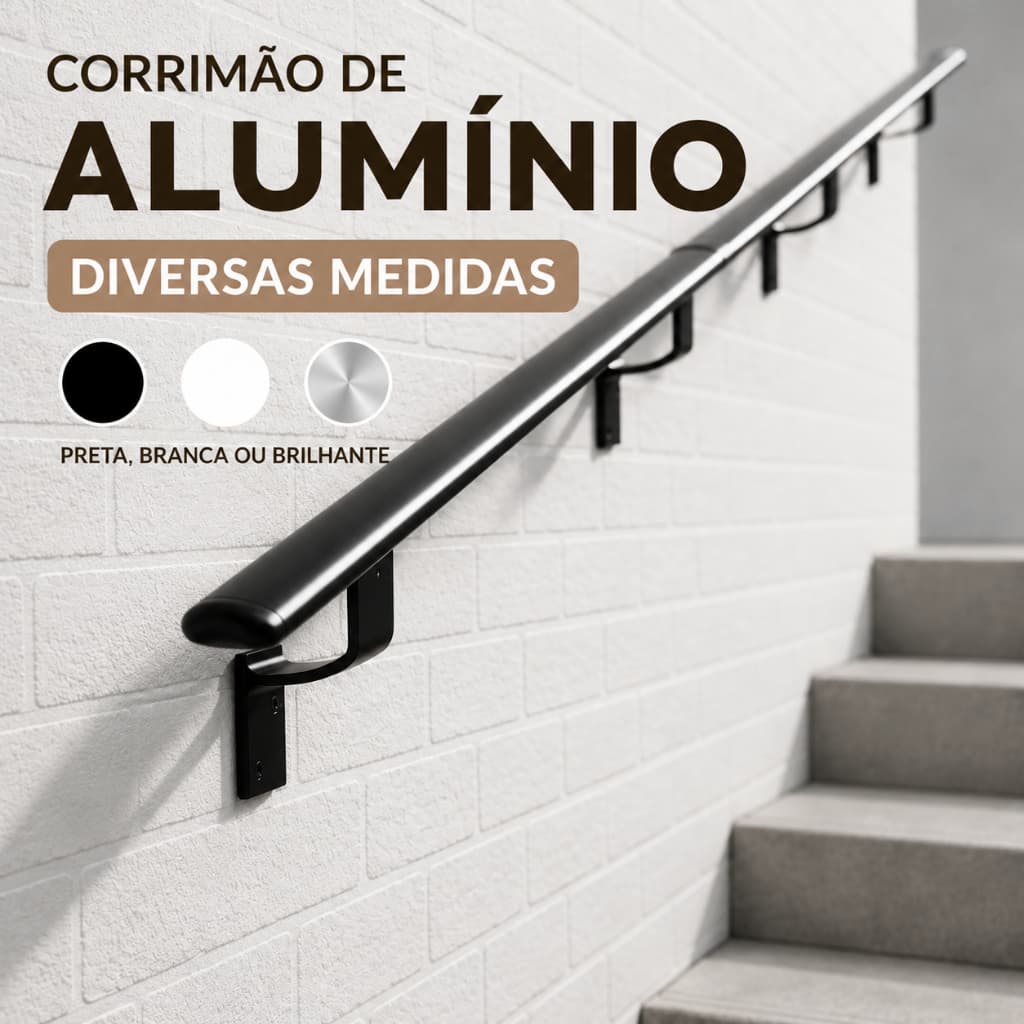 Corrimão de Parede 1,50 até 6 metros - Alumínio Chato - Kit completo Para Instalação - Área Externa e Interna - Escada