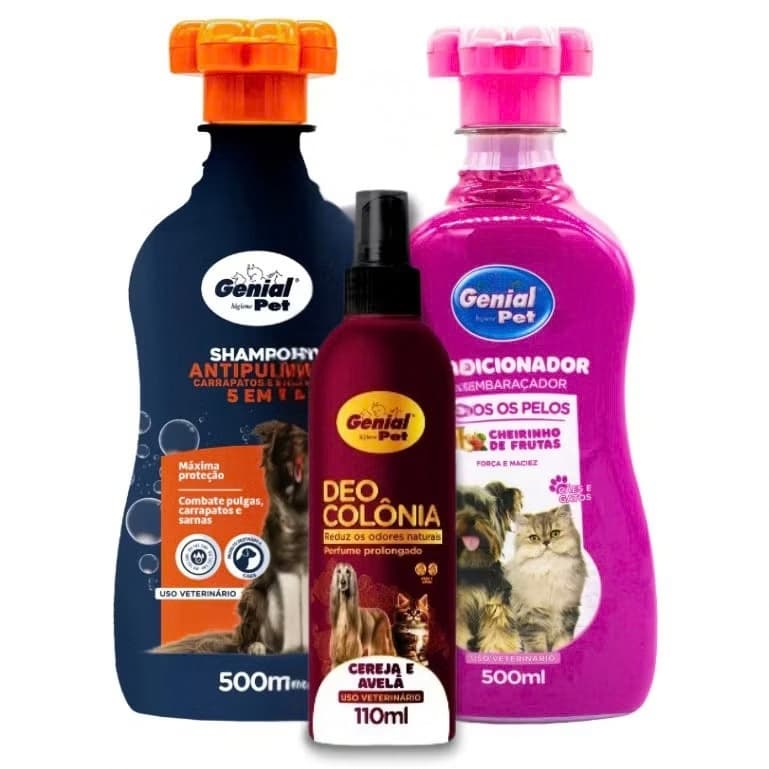 Shampoo Antipulgas + Condicionador + Colônia para Cães e Gatos - Kit Banho e Proteção Genial Pet