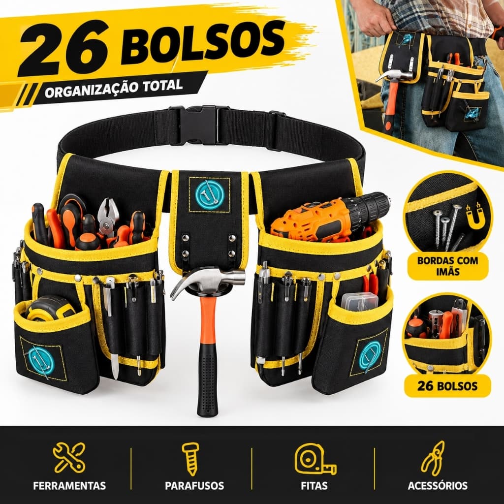 Bolsa de Ferramentas para Eletricista com 26 Bolsos, Cinto Porta-Ferramentas de Nylon para Construção, Reparos