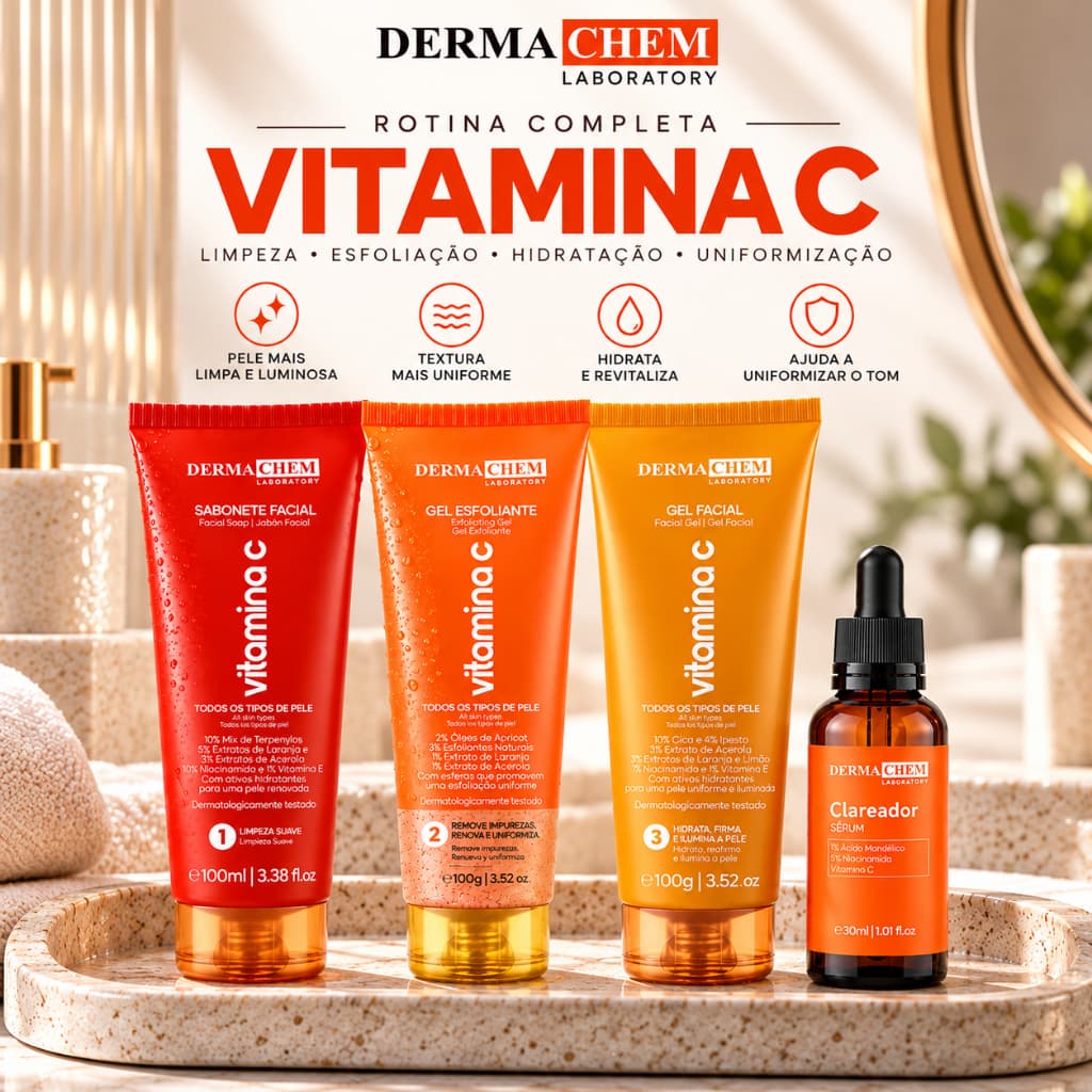 Kit Skincare Vitamina C Dermachem 4 Itens Sabonete + Esfoliante + Gel + Sérum Clareador Facial Anti Idade
