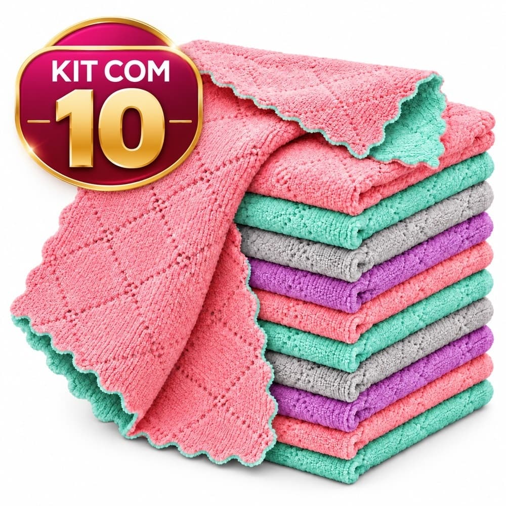 Kit 10 Panos Microfibra 25x25cm Ultra Absorvente Multiuso Não Risca Limpeza Carro Vidro Cozinha