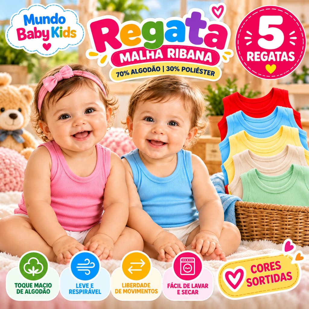 Kit 5 Regatas Bebê Menino Menina Malha Ribana Infantil Verão Calor Enxoval Cores Sortidas
