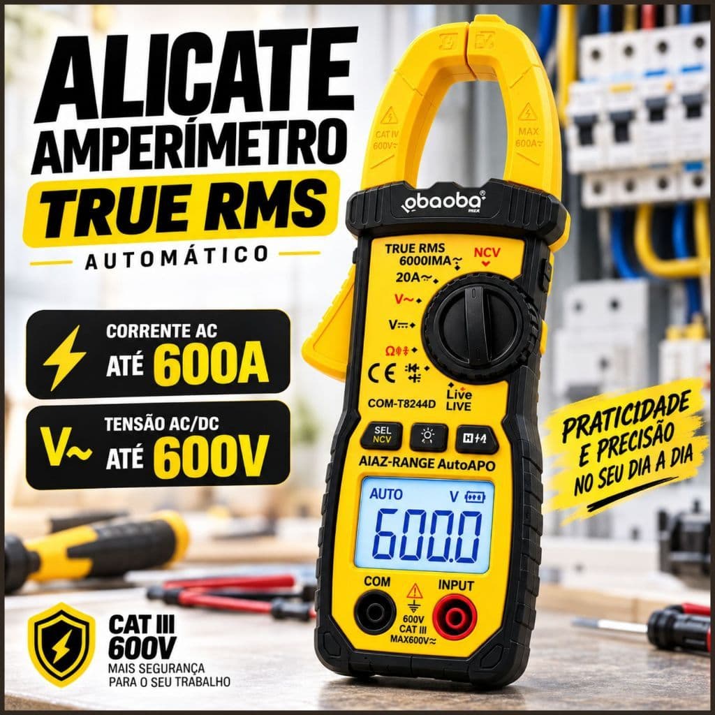 Alicate Amperímetro Multímetro Digital True RMS NCV 600A CAT III 600V