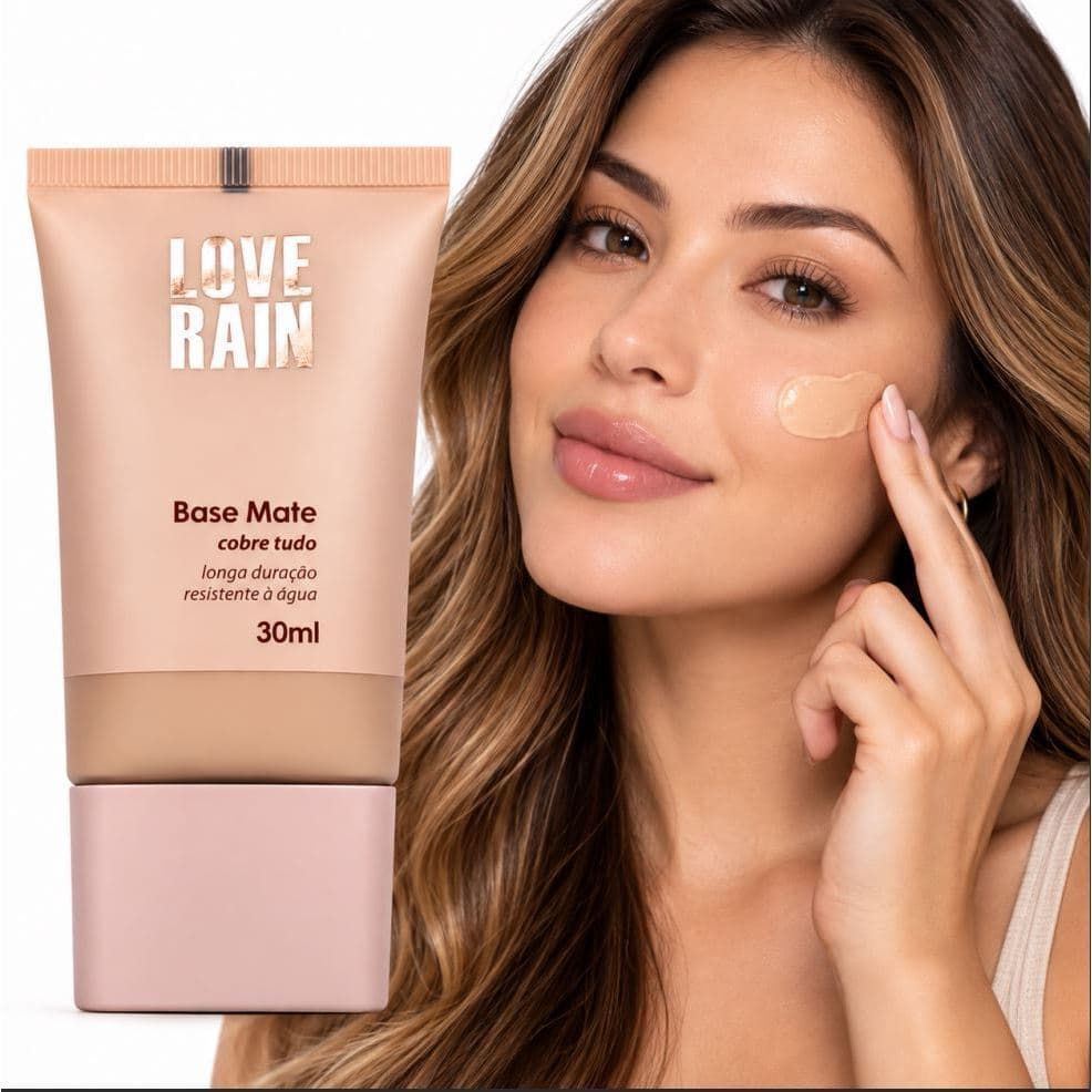 Base Líquida Matte Lové Rain 30ml Cobre Tudo Alta Cobertura Longa Duração Uniformiza Pele Maquiagem Profissional