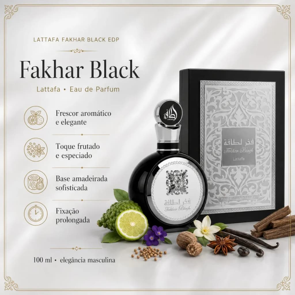 Perfume Árabe Fakhar Black Masculino EDP 100ml Original Importado Amadeirado Alta Fixação Elegante