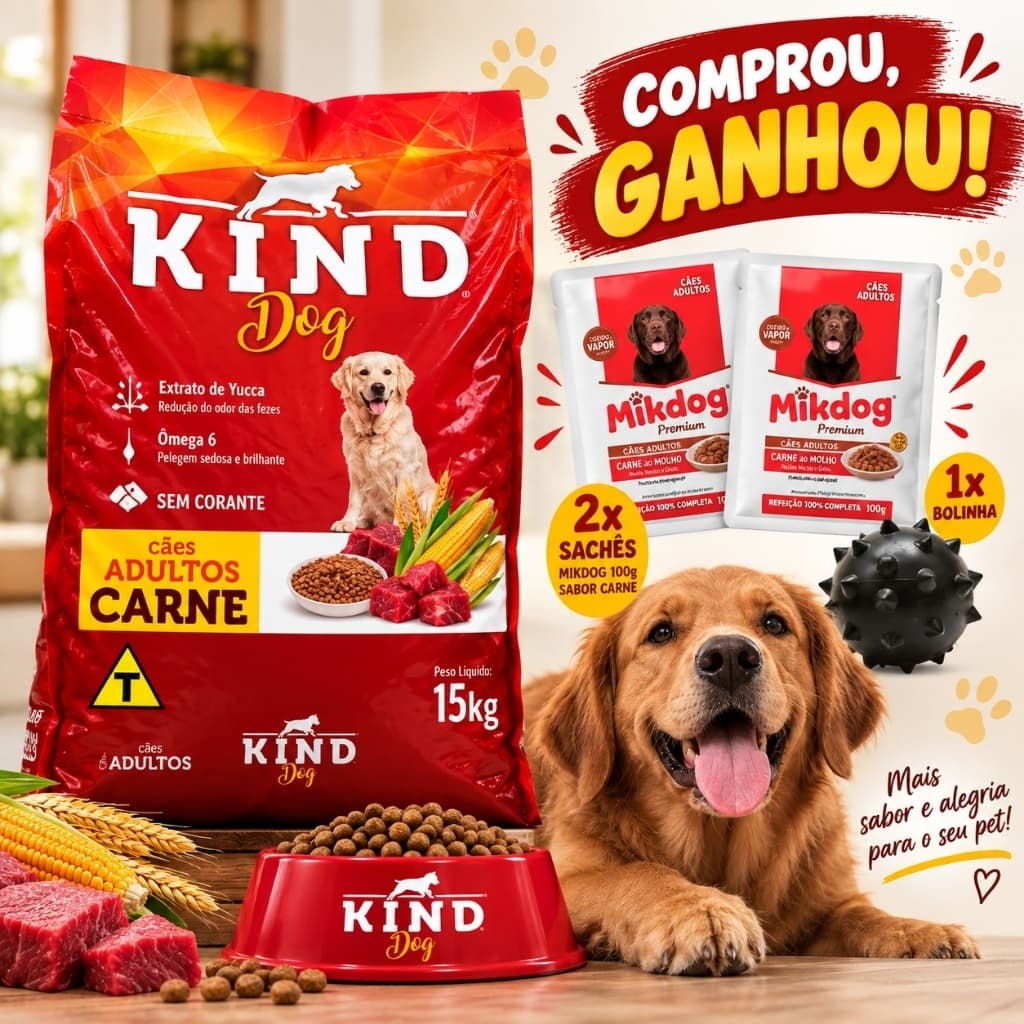 Ração para Cachorro 15KG CARNE Ômega 6 e Extrato de Yucca + Bolinha de Cravo Promoção Limitada