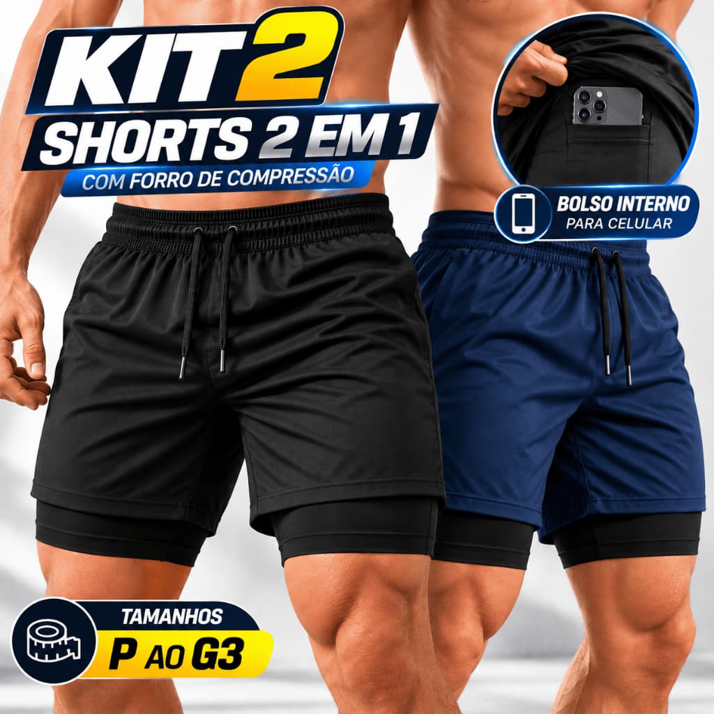 Kit 2 Bermudas 2 em 1 Masculino Dry Fit com Bolso Interno Academia Corrida Treino P Ao G3 Plus Size Musculação Fitness