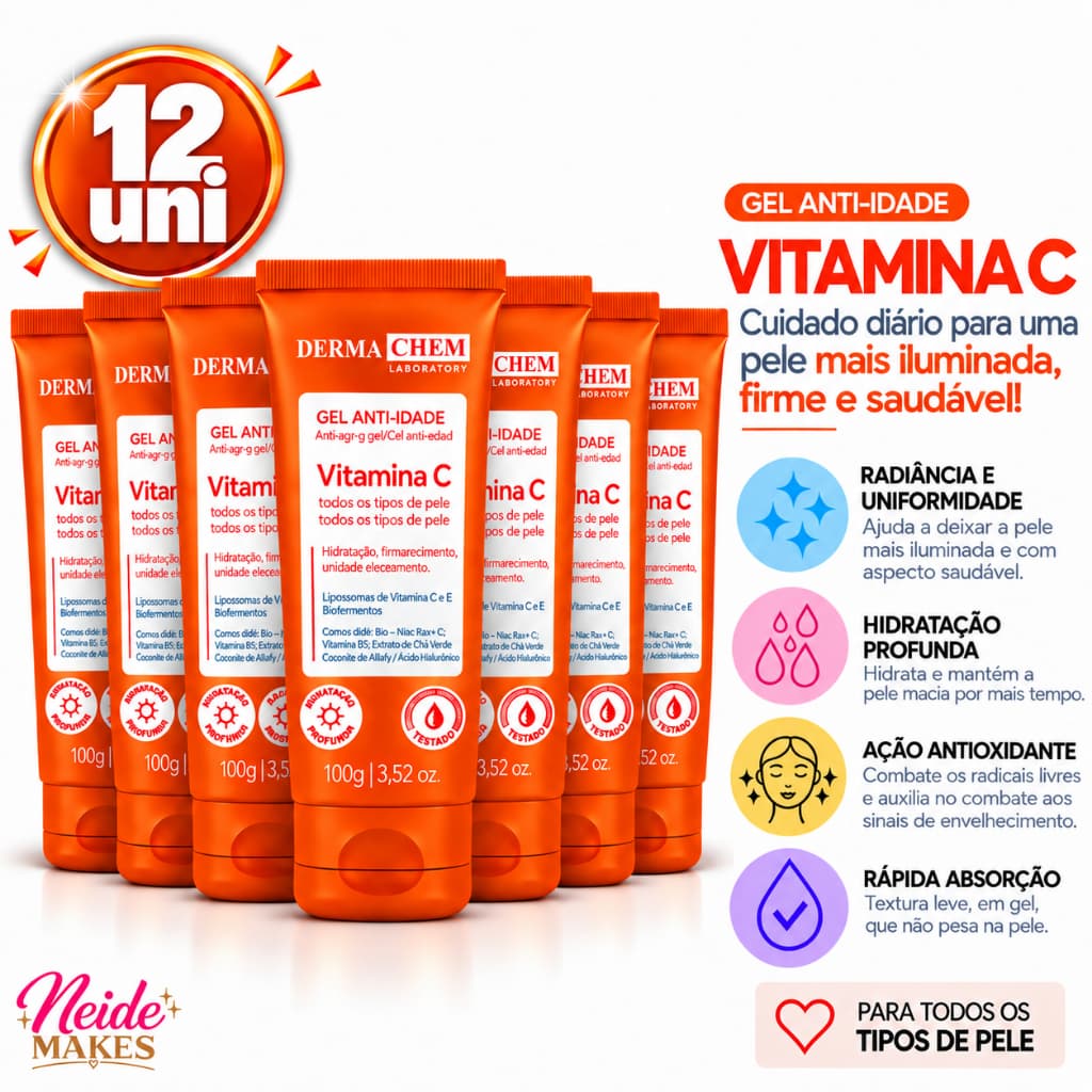 Skincare Dermachem Kit 12 Gel Facial Anti Idade Vitamina C Todos Tipos de Pele 100ml Dermachem