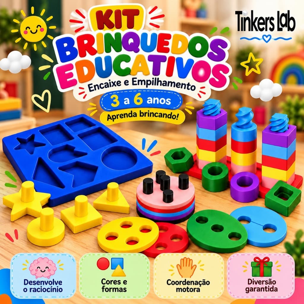 Combo 3 Brinquedos Educativos Encaixe E Empilhar Cores E Formas Brincadeira Educativa
