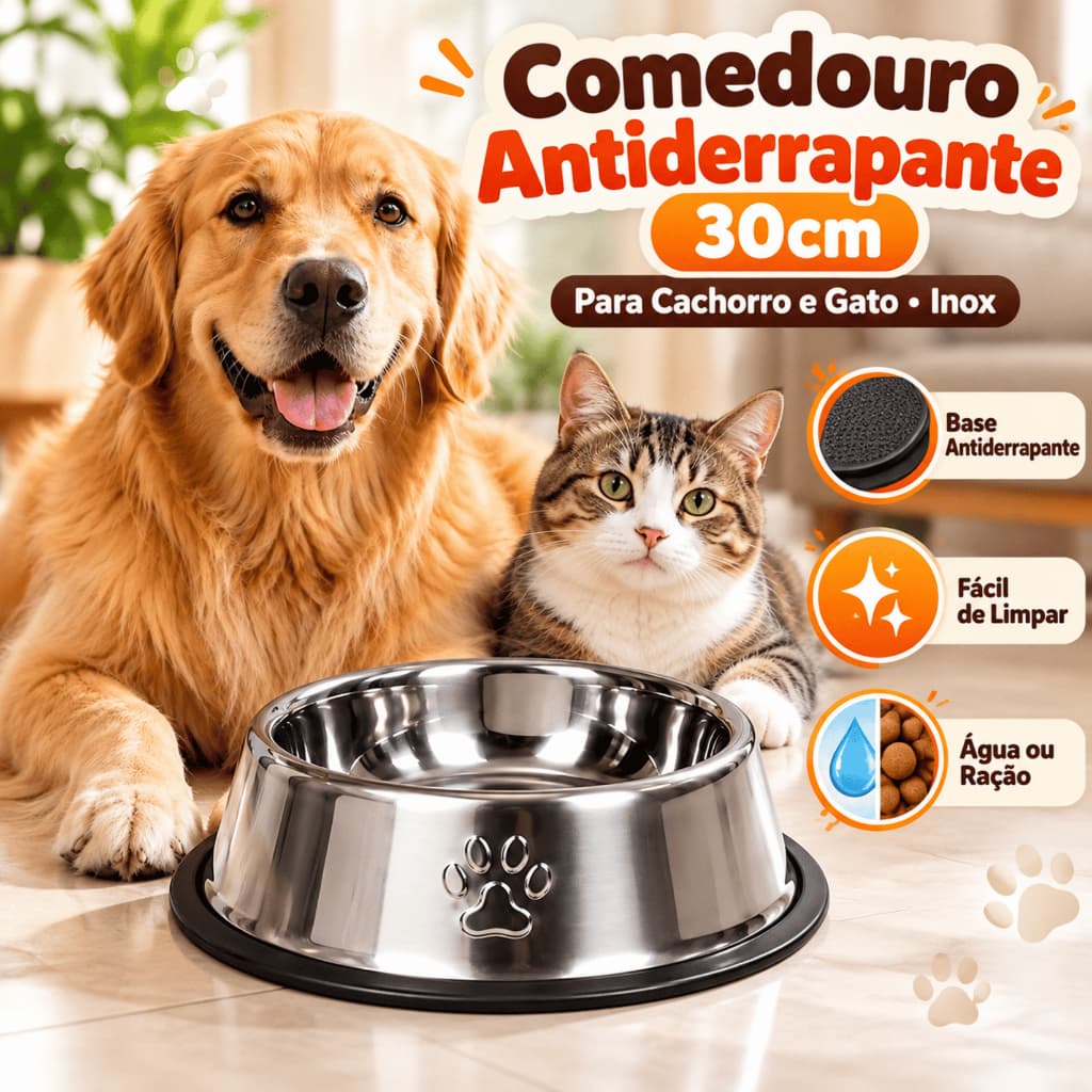 Comedouro Pet Inox Antiderrapante 30cm para Cachorro e Gato Água Ração Base Emborrachada