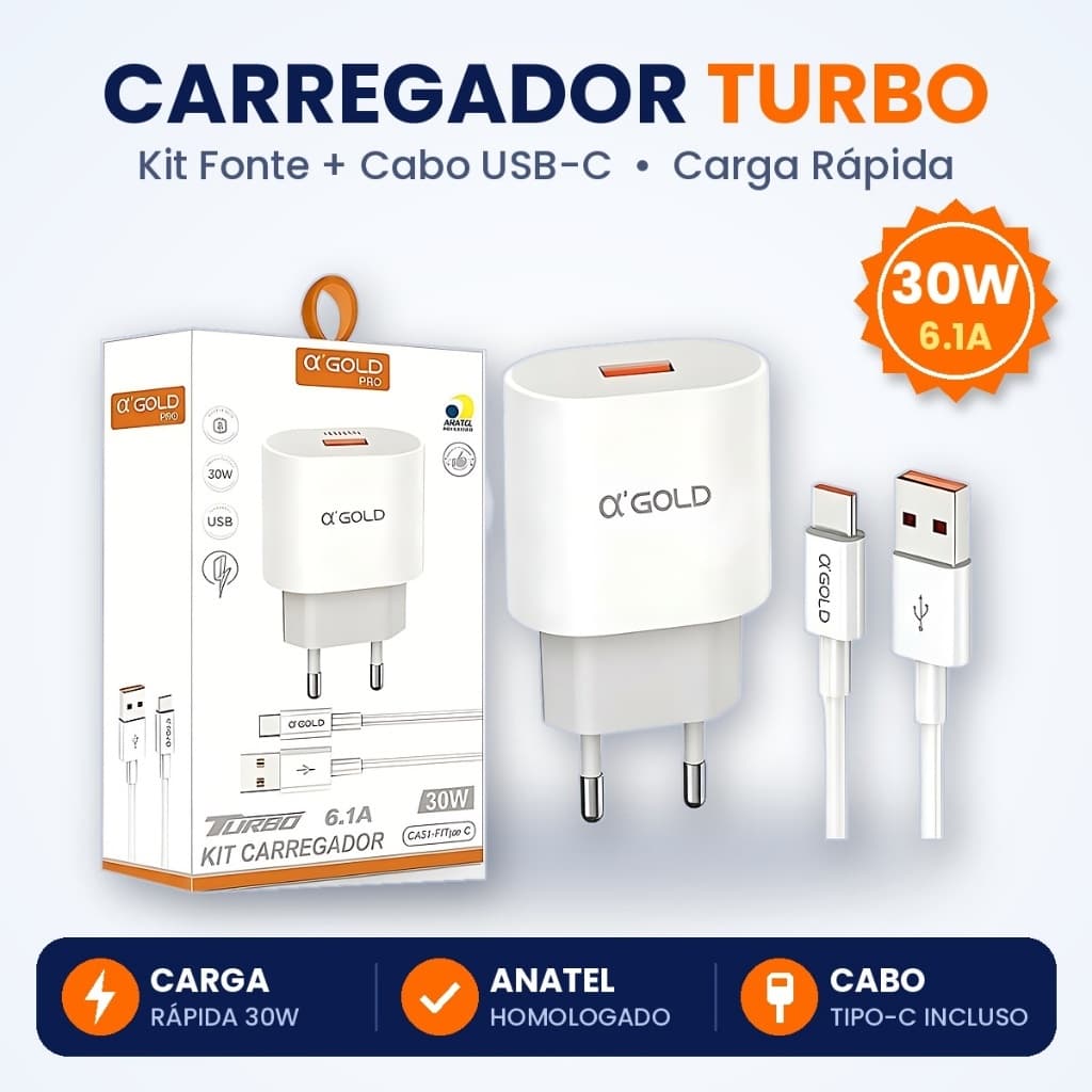 Kit Carregador Celular Tipo C 30W Turbo A'Gold Original Fonte Rápida 6.1A + Cabo USB-C Reforçado