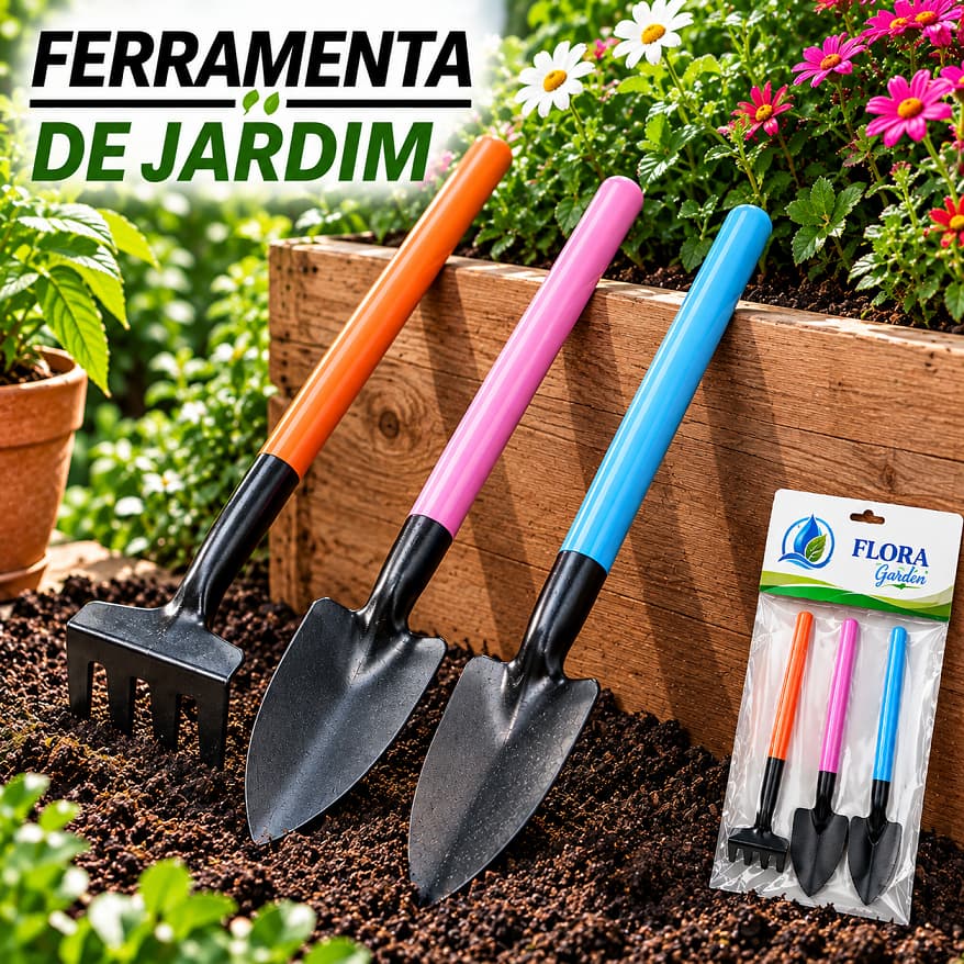 Kit Jardinagem Rastelo Pazinha Espátula Ferramentas Completo de Jardim Cabo Madeira - Oferta
