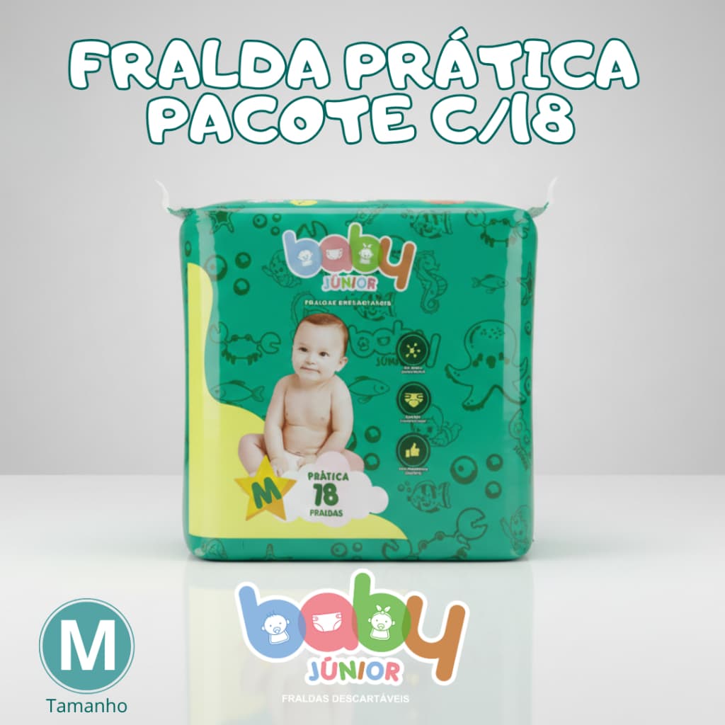 Fralda Descartável Baby Junior Tamanho M 18 Unidades Anti-Vazamento (5 a 10kg) Confortável Dia e Noite