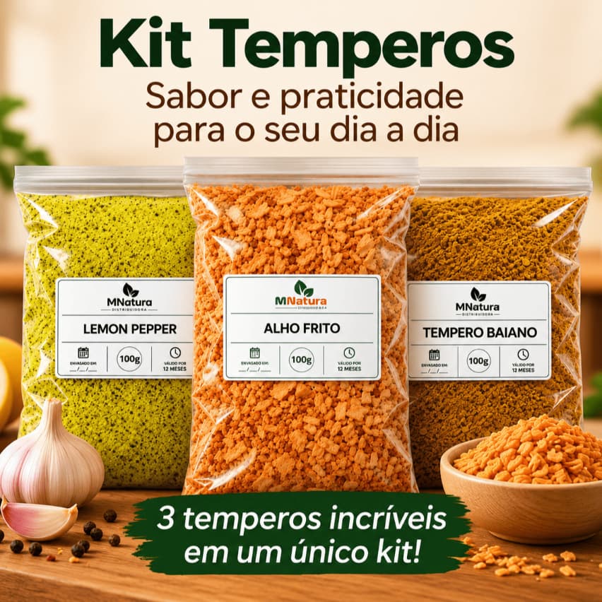 Kit 3 Temperos 100g | Lemon Pepper + Alho Frito + Tempero Baiano | Kit Completo para Carnes, Frango, Peixes e Receitas