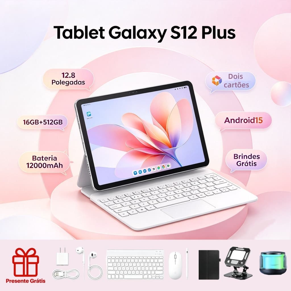 Tablet Galaxy S12 Plus de 12,8 polegadas, HD, 16 GB de RAM + 512 GB de ROM, tablet Android com teclado e mouse